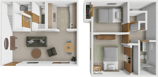 A 3D floor plan of a small apartment with a kitchen, living room, and bathroom.