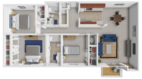 a 3d rendering of a floor plan with bedrooms and a bathroom