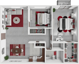 a 3d rendering of a bedroom and bathroom floor plan