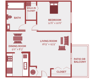 Floor Plan  1 bed 1 bath floor plan of rentable apartment