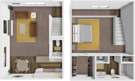 two layouts of a house with a bedroom and a living room