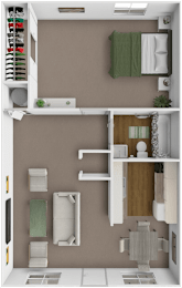 A 3D rendered image of a small apartment layout.
