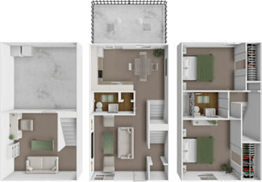 A 3D floor plan of a house with three different layouts.