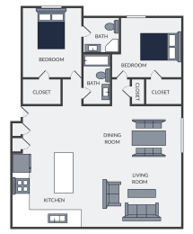 2 bedroom apartment floor plan with central AC