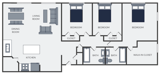 3 bedroom apartment floor plan with walk in closet