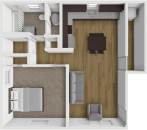 a 3d rendering of a living room and dining room with wood flooring