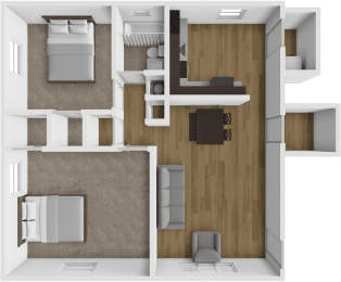 an overhead view of a room with a bedroom and a living room