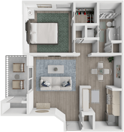 A 3D rendered image of a modern apartment layout.