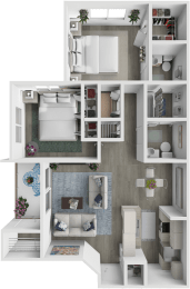 a 3d rendering of a furnished floor plan with a bedroom and a bathroom