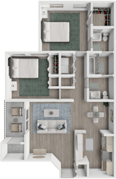 A 3D rendered image of a small apartment layout.