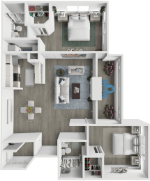 a 3d rendering of a floor plan with a bedroom and living room