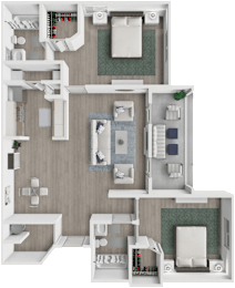 A 3D floor plan of a house with multiple rooms and furniture.