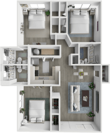 a 3d rendering of a floor plan with bedrooms and a bathroom