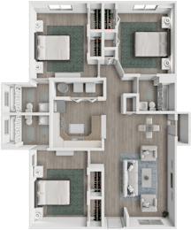 A 3D floor plan of a house with multiple rooms and furniture.