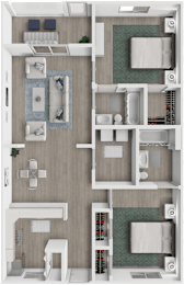 A top-down view of a small apartment with a kitchen, living room, and bathroom.