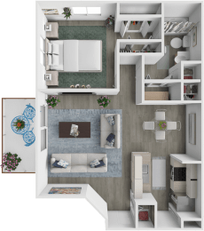 a 3d rendering of a floor plan with a bedroom and living room