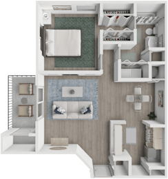A 3D floor plan of a small apartment with a kitchen, living room, and bedroom.