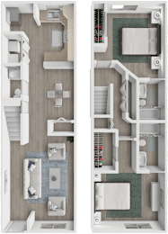 A floor plan of a two-story apartment with a living room, kitchen, and bathroom on the first floor, and a bedroom on the second floor.
