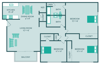 The Hills apartments 3 bedroom floor plan