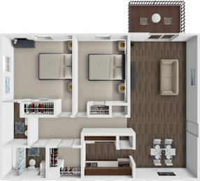 A 3D rendered image of a modern, minimalist kitchen and living room.