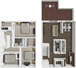 A 3D rendered image of two different house layouts.
