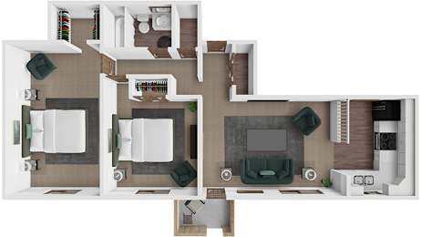 A floor plan of a house with two bathrooms, a kitchen, a living room, and a bedroom.