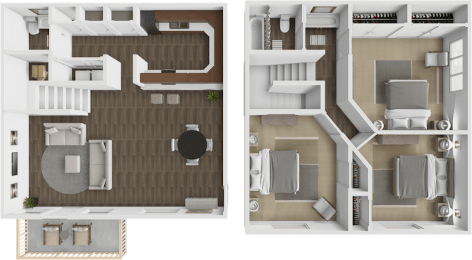 a 3d floor plan of a 3 bedroom apartments with 1.5 baths in Jackson, TN