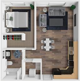 A modern kitchen with a dining area and a living room.