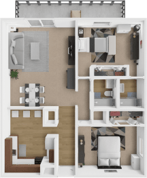 a 3d rendering of a floor plan with a bedroom and living room