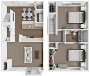 A top-down view of a modern apartment layout with a kitchen, living room, and bedroom.