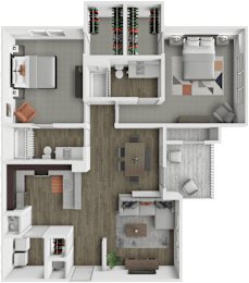 A detailed 3D floor plan of a multi-level apartment.