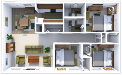 3 bed 2 bath floor plan at village green apartments