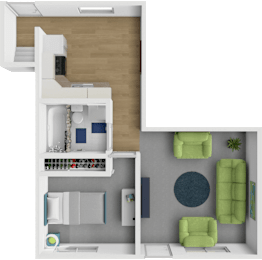 1 bed 1 bath floor plan at Village Square Apartments