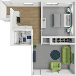 1 bed 1 bath floor plan at Village Square Apartments