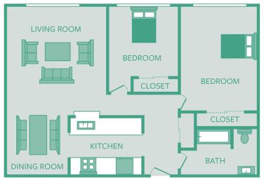  Floor Plan 2 Bedroom 1 Bath    943 sq ft