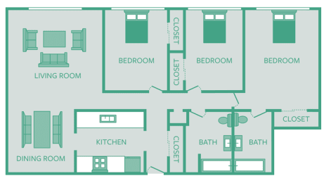  Floor Plan 3 Bedroom 2 Bath    1175 sq ft