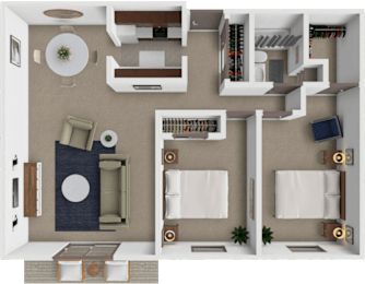 A 3D floor plan of a 2 bedroom 1 bathroom apartment in brooklyn park