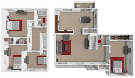 A 3D floor plan of a 4 bedroom townhome at Woodland Heights in Chillicothe.