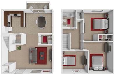 A floor plan of a 3 bedroom townhome at woodland heights