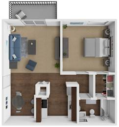 A 3D floor plan of a small apartment with a kitchen, living room, and bathroom.