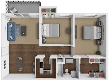 A 3D rendered image of a small apartment layout.