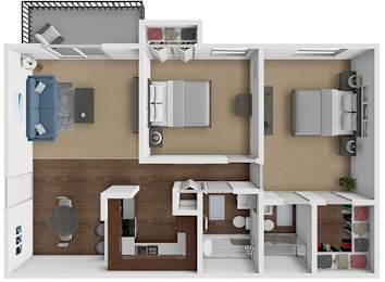 A 3D rendered image of a small apartment layout.