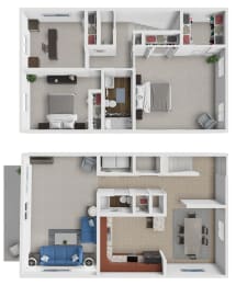 a stylized 3d rendering of a bedroom and living room