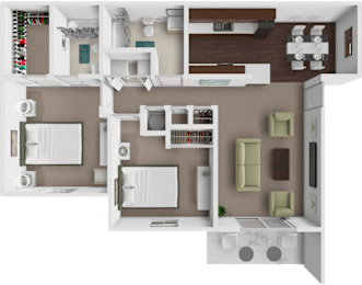 A 3D floor plan of a house showing a kitchen, living room, and bathroom.