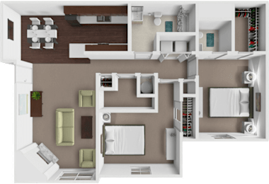 A 3D rendered image of a modern apartment layout.