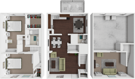 A 3D floor plan of a house with three different rooms.