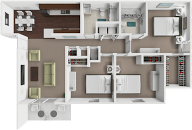 A 3D floor plan of a house showing a kitchen, living room, and bathroom.
