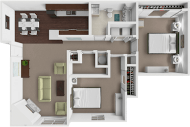 A top-down view of a modern apartment layout with a kitchen, living room, and bedroom.
