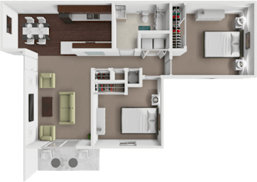 A 3D floor plan of a house showing a kitchen, living room, and two bedrooms.