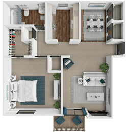 A top-down view of a small apartment with a kitchen, living room, and bathroom.